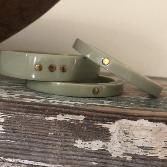 Trio of Anthropologie Pale Green Stacking Bracelets with Gold dots - Picture 7 of 8